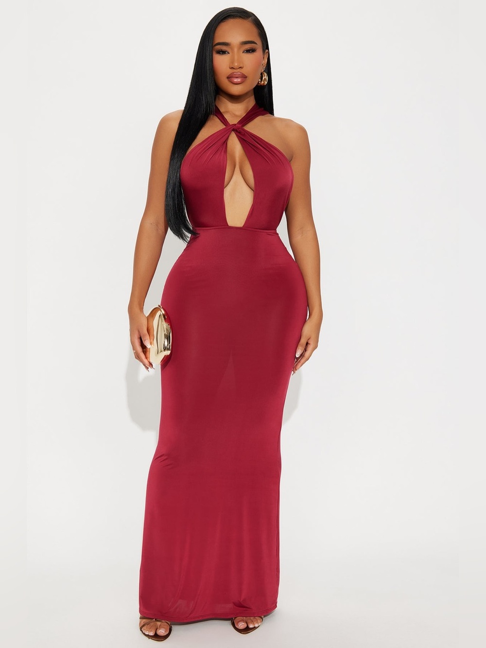 Fashion Nova Halter Twist Keyhole Maxi Dress in Burgundy